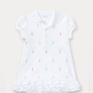 Ralph Lauren Baby Girls White Ruffled Embroidered Pony Dress No Bloomers 6m